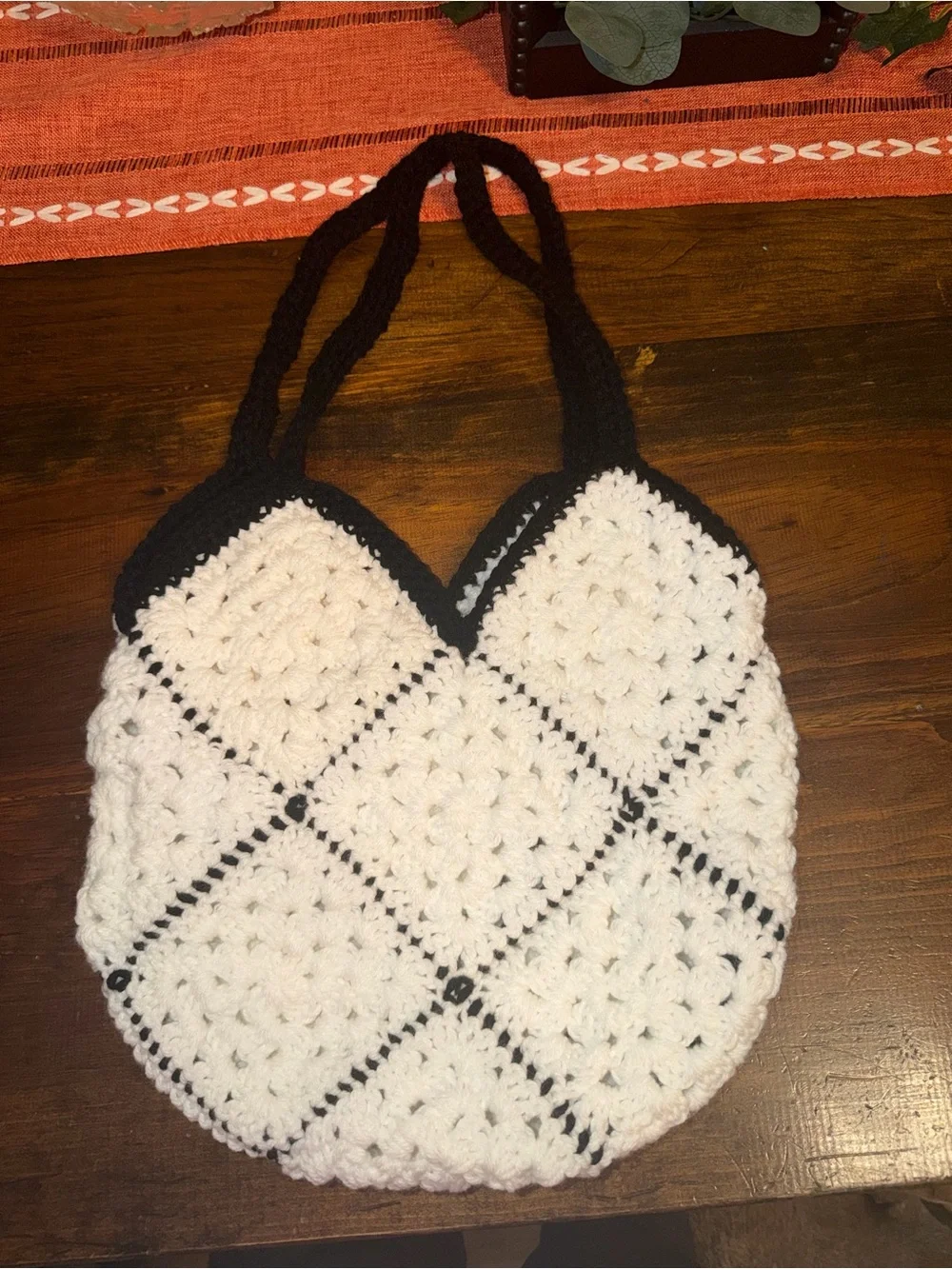 Handmade Crochet White and Black Women’s Tote Bag